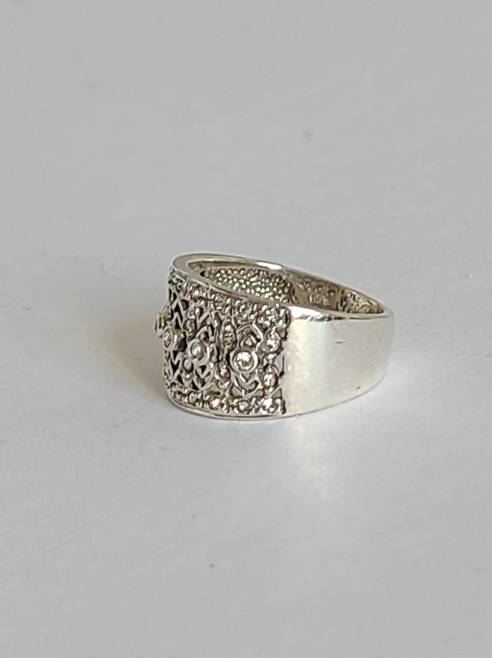 Elegant Sterling Silver CZ Rhinestone Crystal Filigree Chunky Wide Band Ring 6 - Picture 8 of 15